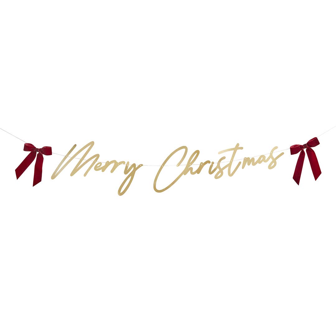 Gold 'Merry Christmas' Card Banner with Velvet Bows 2m
