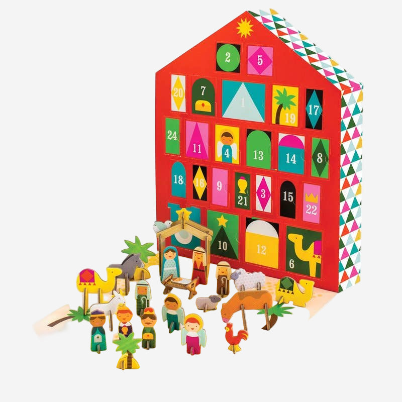Colorful Advent calendar with Nativity scene figures on a white background