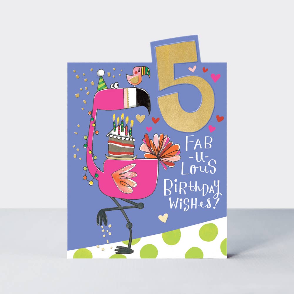 Tiptoes - Age 5 Birthday Card Girl - Flamingo