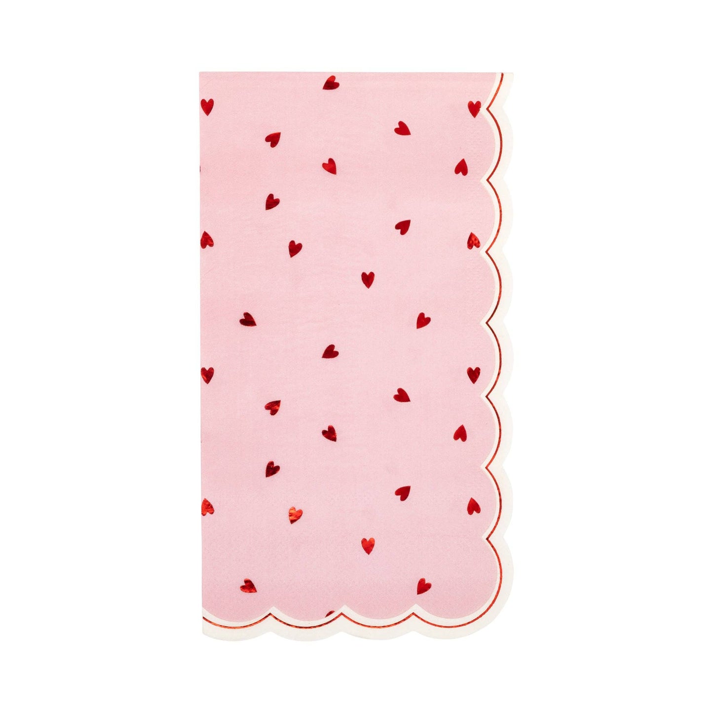 Pink paper napkin with red heart pattern on a white background