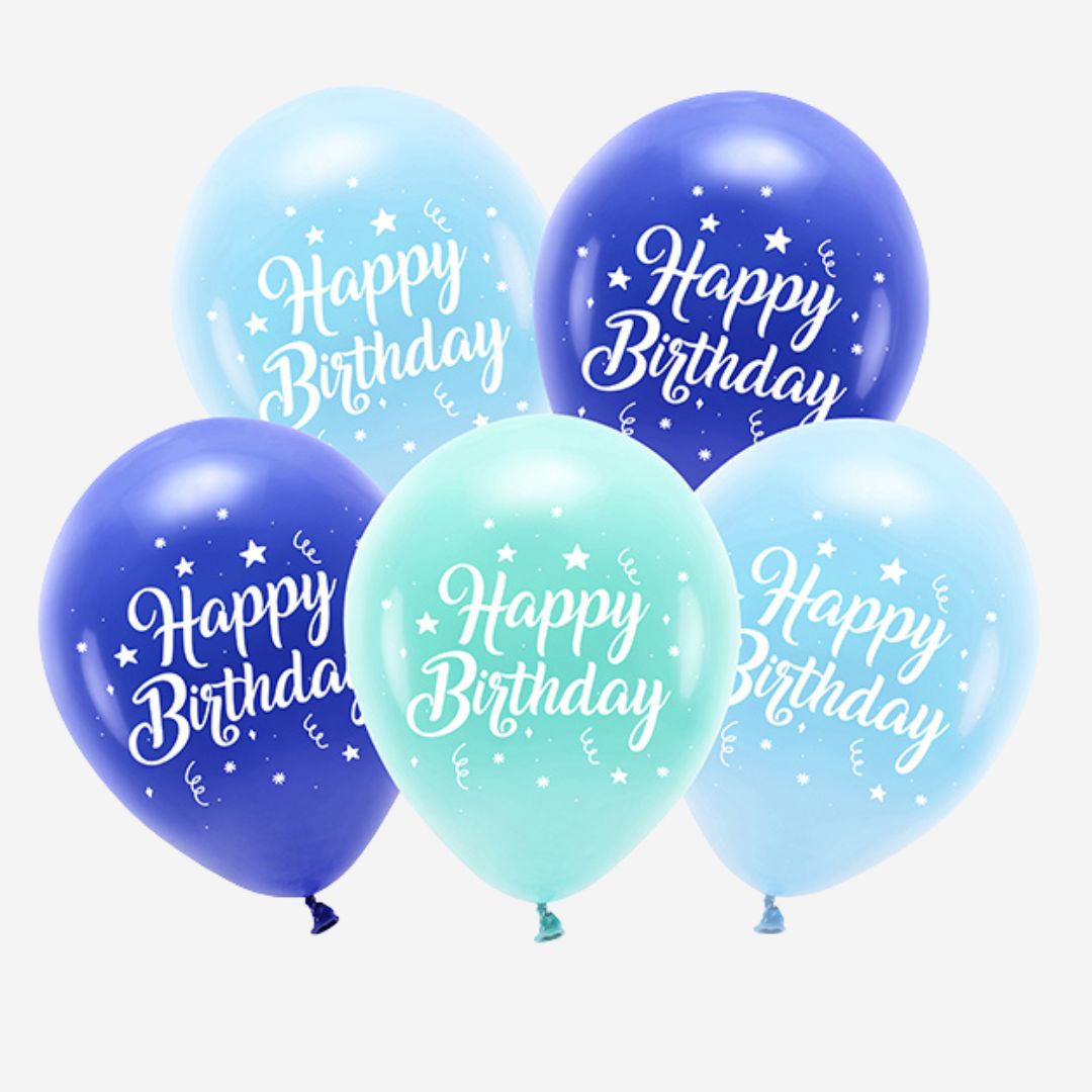 10" Happy Birthday Blue Mix Eco Latex Balloons - Pack of 5 Deflated