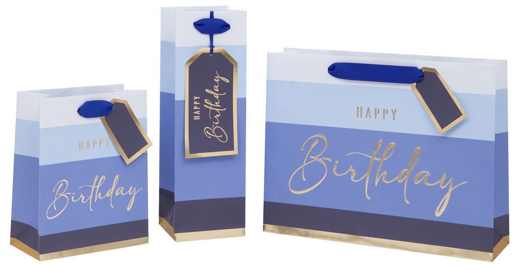 Medium Happy Birthday Blue Stripe Gift Bag
