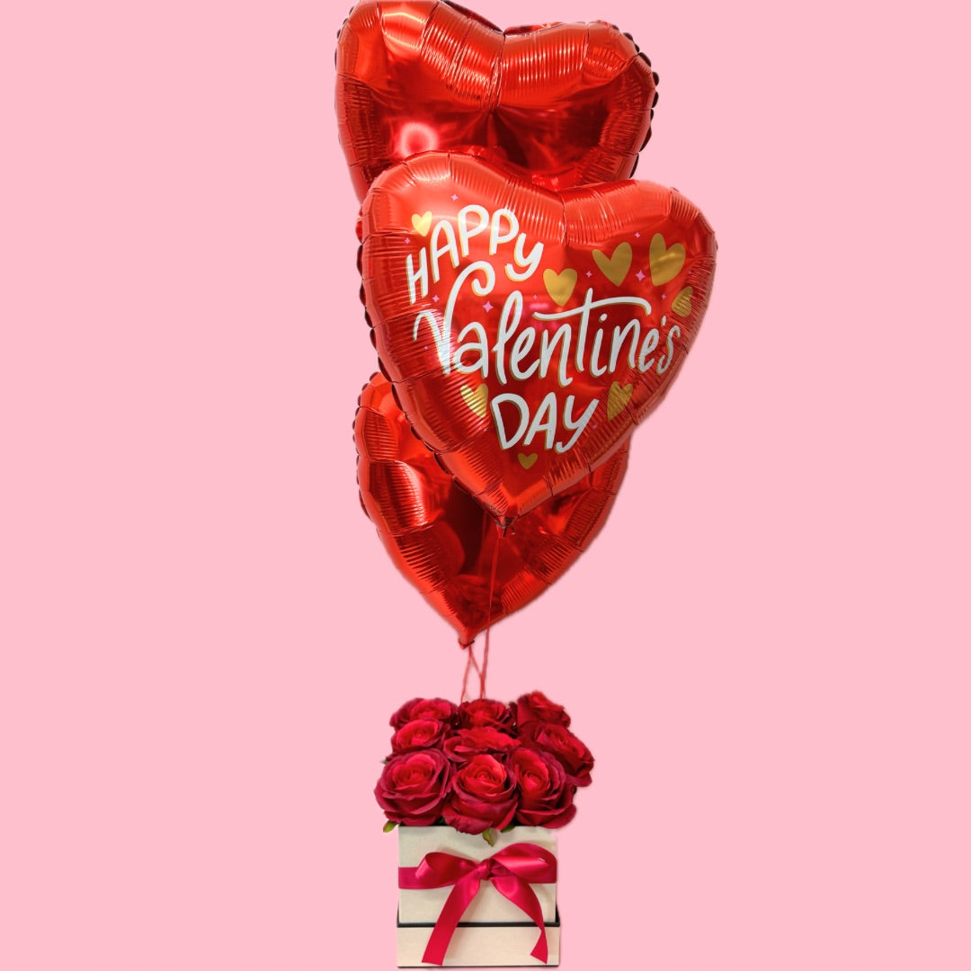 Valentines Hat Box Flower with Inflated Hearts
