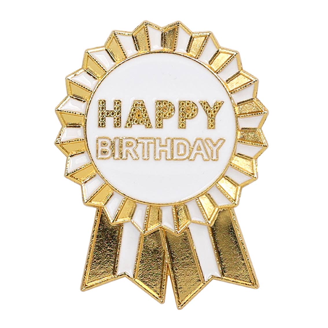Gold and white 'Happy Birthday' ribbon badge on a white background