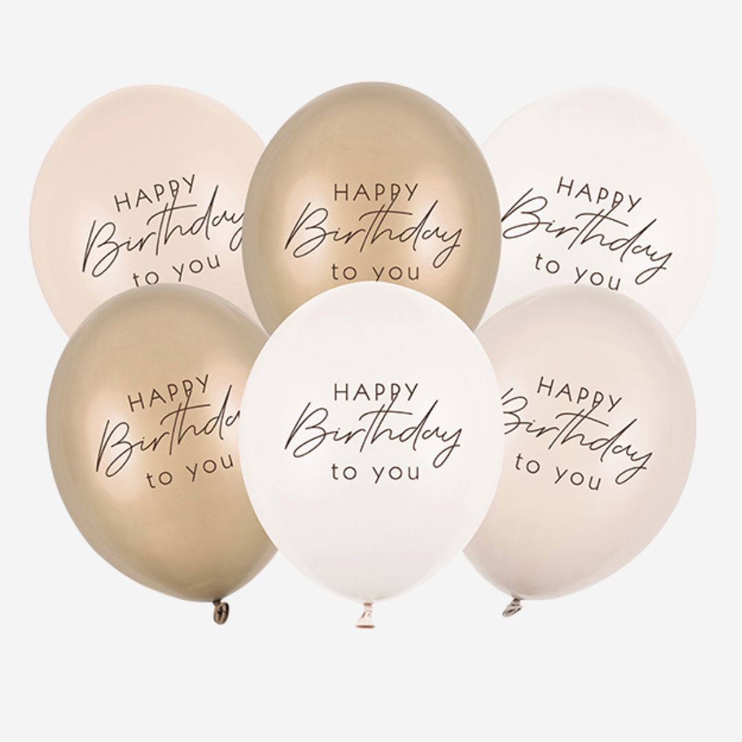11" Happy Birthday Beige Mix Latex Balloons - Pack of 6 Deflated