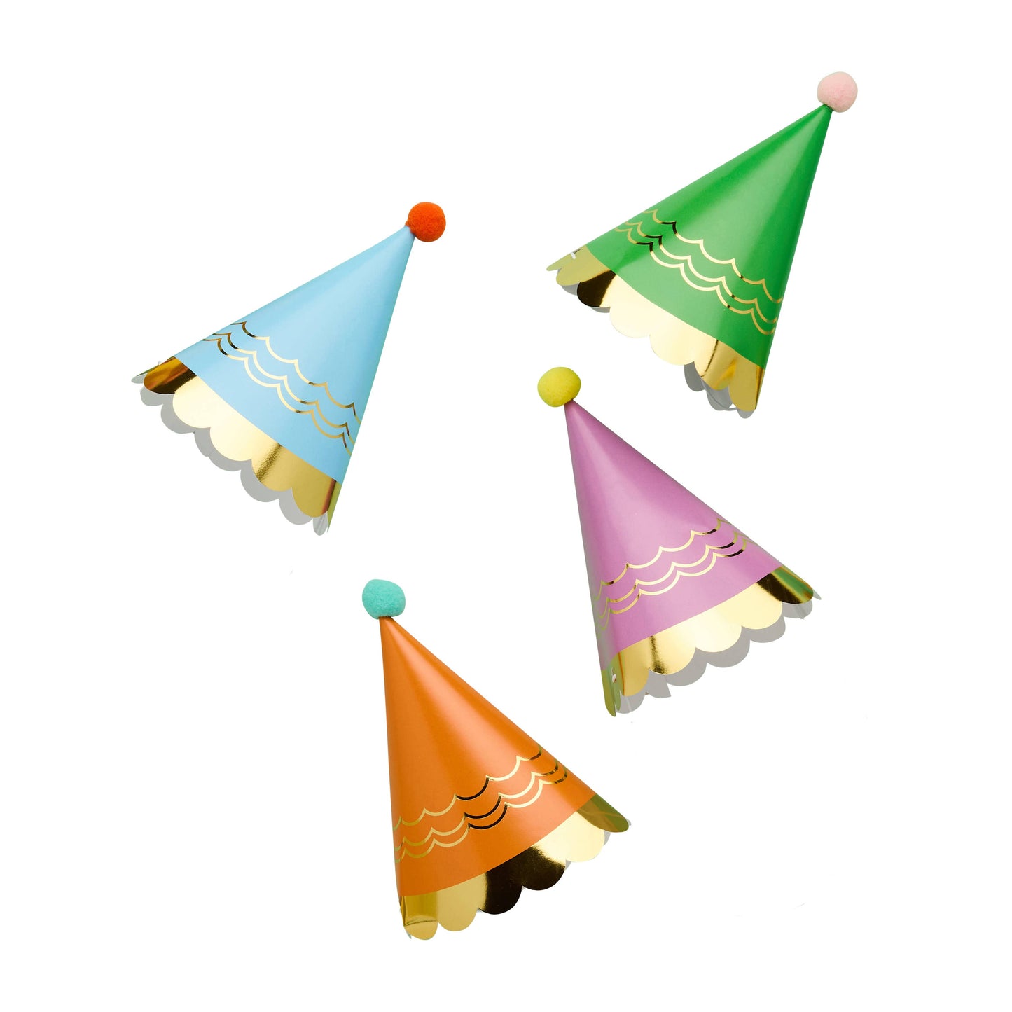 Premium Bright Party Hats with Pom Poms - Pack of 8