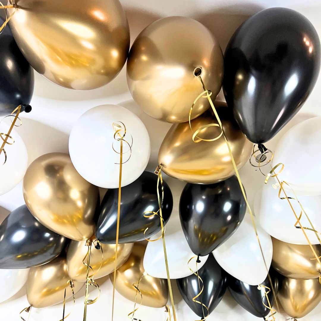 Inflated Ceiling Balloons - Black, Gold & White