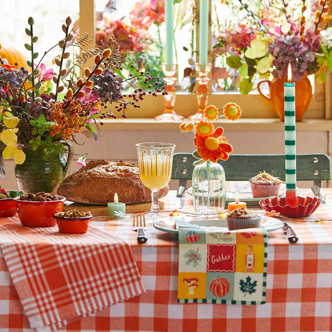 Orange & White Fabric Gingham Napkins/Tea Towels - 2 Pack