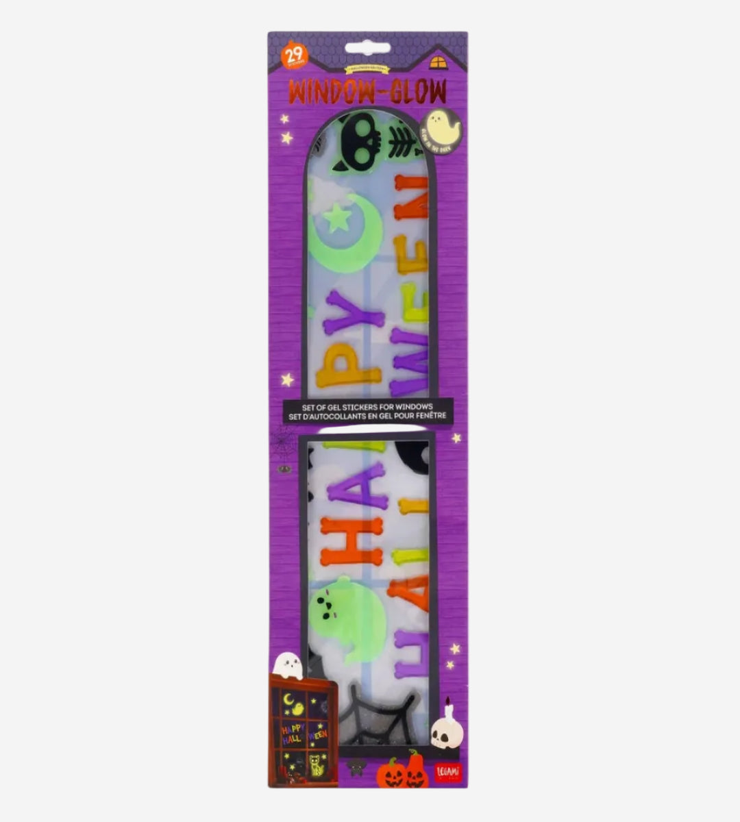 Pack of 12 Halloween-themed window glow stickers in a purple retail box. The stickers include letters spelling 'HAPPY' and 'WEEKEN' in orange, purple, and green, along with moon, star, and ghost designs.
