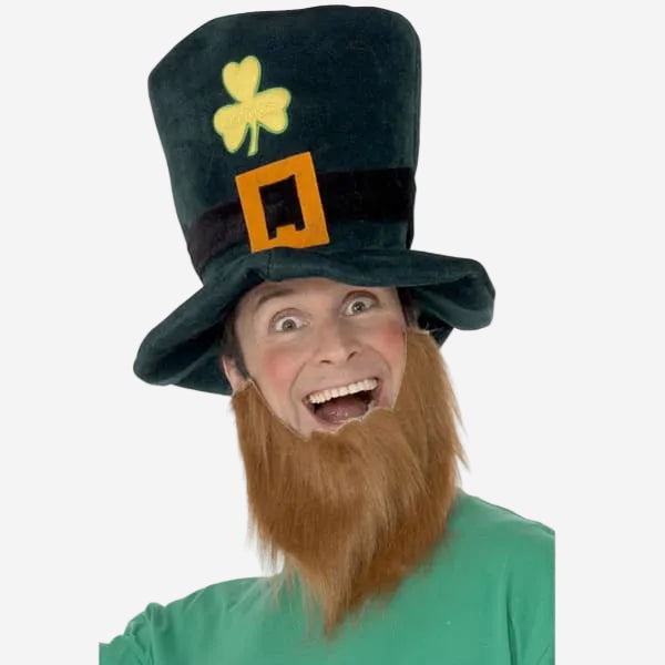Person wearing a green leprechaun hat with a yellow clover and black buckle on a white background