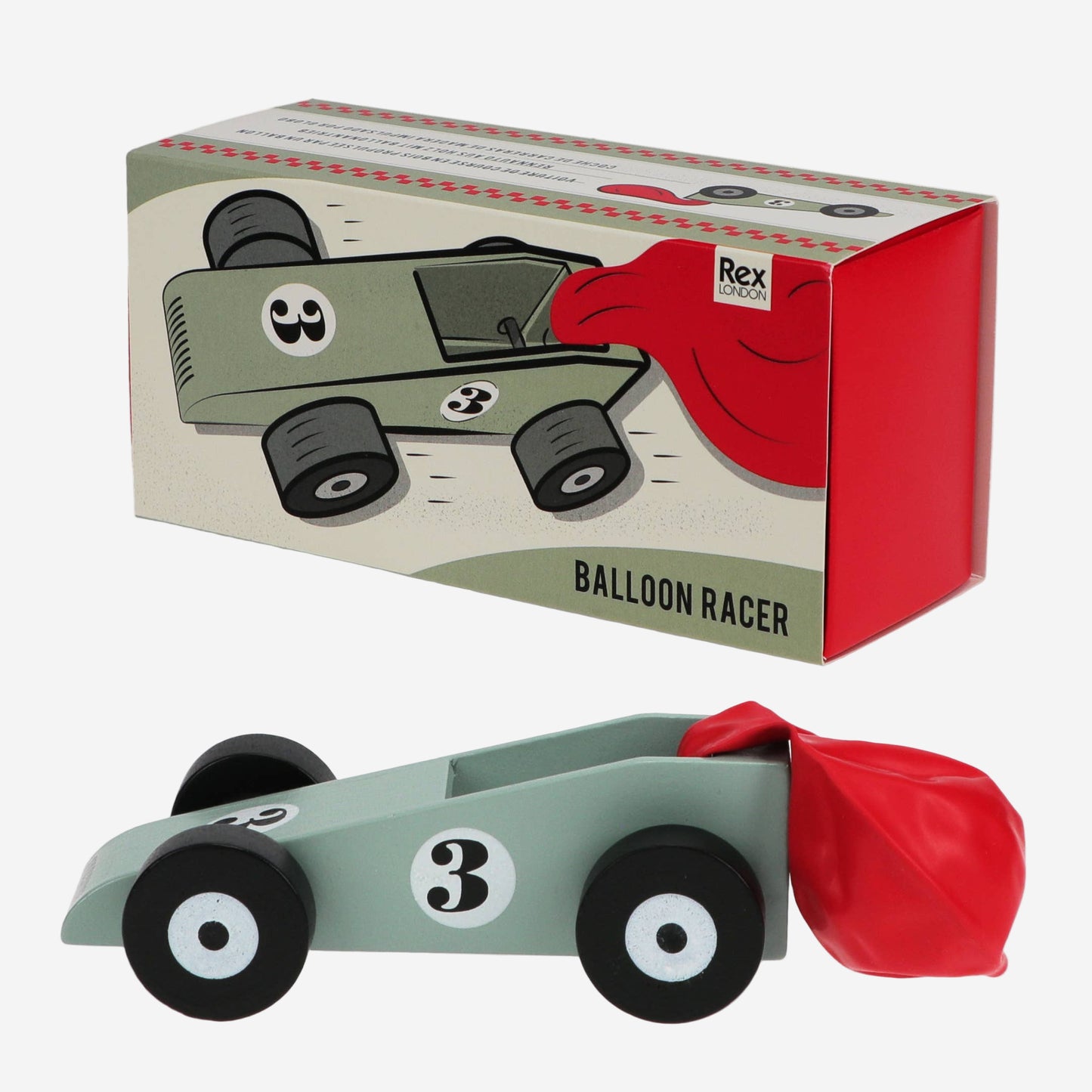 Balloon racer toy with a matching box on a white background