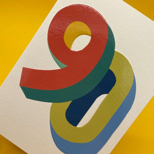 Bright colourful 3D numbers age 90 Birthday Card