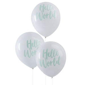 Mint Hello World Baby Shower Balloons