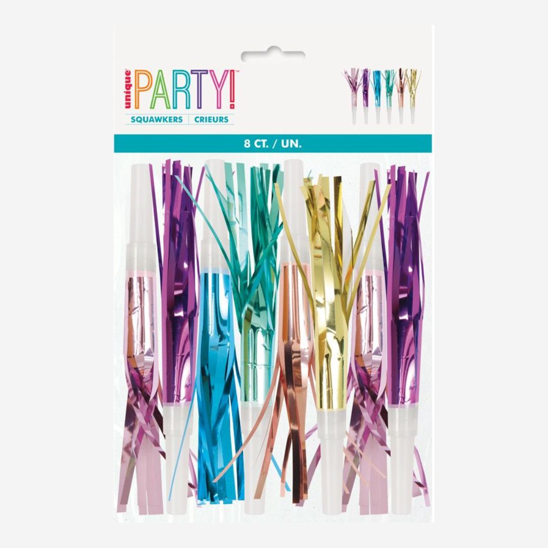 Pastel Colours Fringe Squawker Blowouts - Pack of 8
