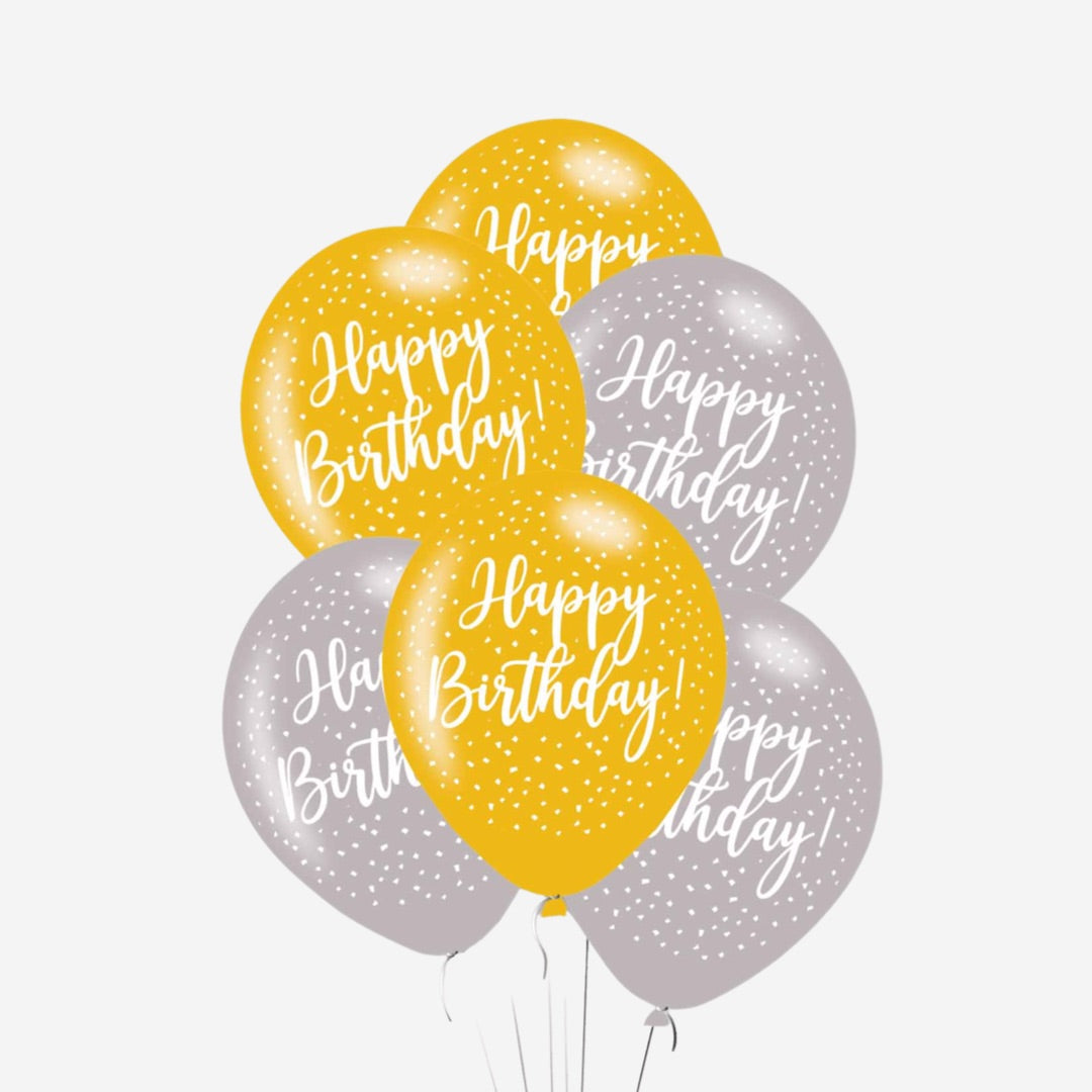 Pack of 6 Happy Birthday Silver & Gold Latex Balloons