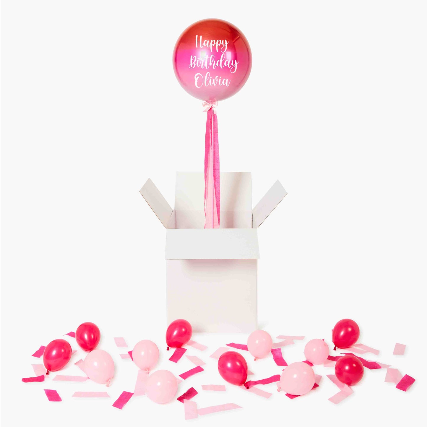 Personalised Ombre Red & Pink Orbz Foil Balloon in a Box