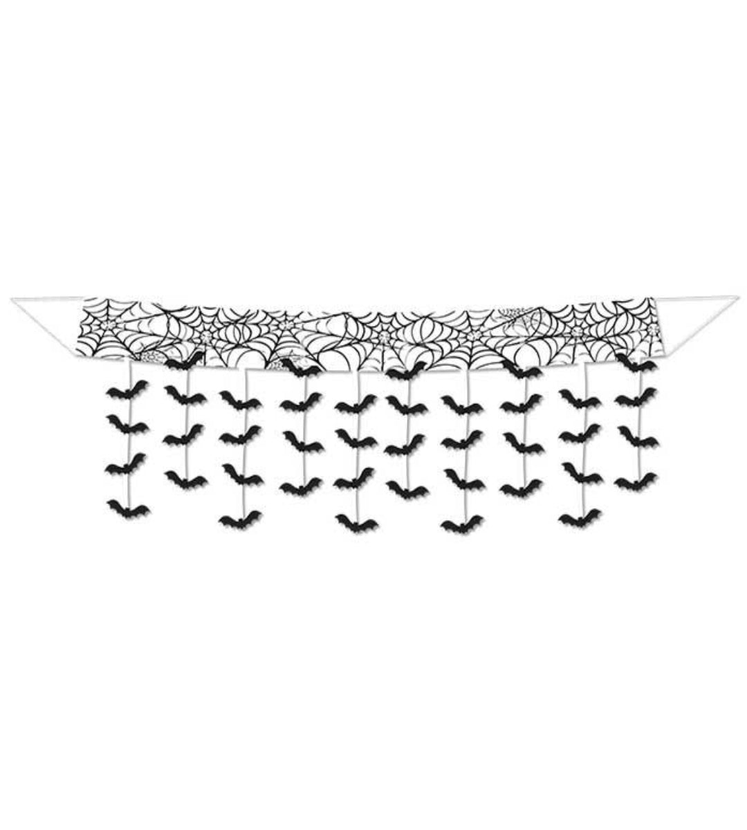 Black Halloween banner decoration featuring a spiderweb pattern across the top and multiple dangling black bat shapes below, shown against a plain white background.