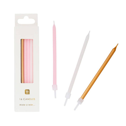 Long Pink Birthday Candles | 16 Pack |