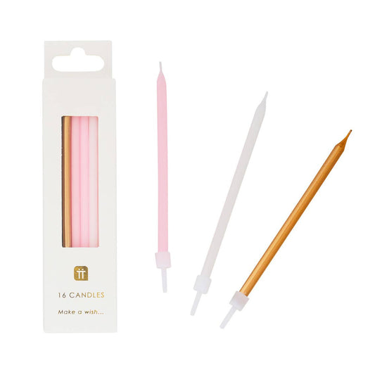 Long Pink Birthday Candles | 16 Pack |