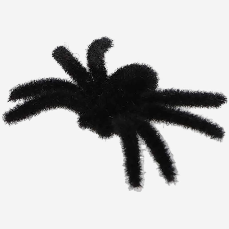 A black fuzzy spider toy or Halloween decoration on a plain white background.
