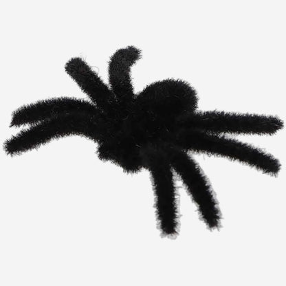 A black fuzzy spider toy or Halloween decoration on a plain white background.
