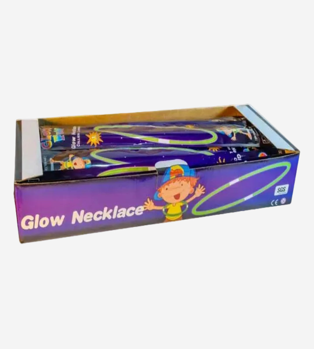A boxed set of glow-in-the-dark necklaces displayed in a clear windowed retail box with purple printed graphics and cartoon artwork on a white background.