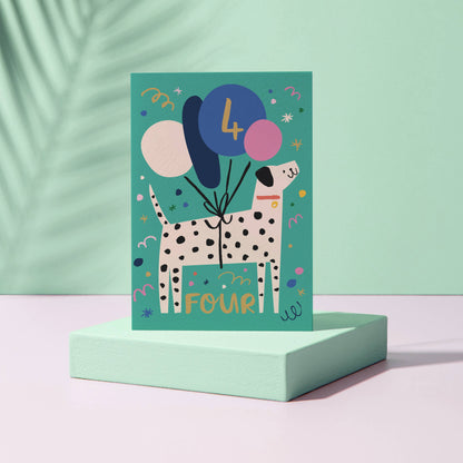 Age 4 Birthday Card – Dalmatian Theme – Number Card for Kids – Four Years Old