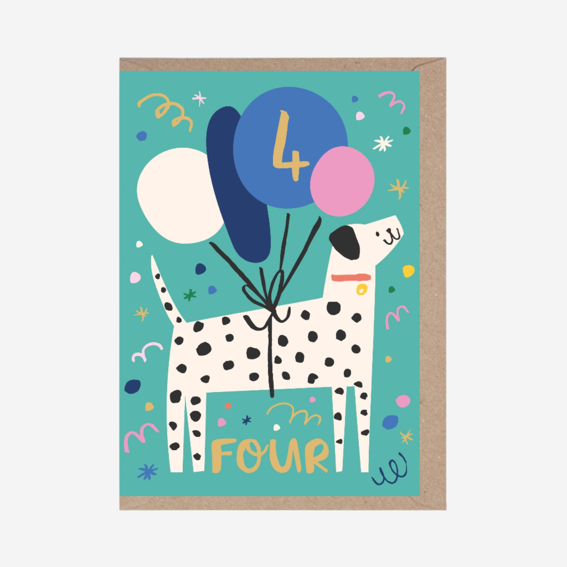 Children's birthday card with a dalmatian dog holding balloons and the number '4'.