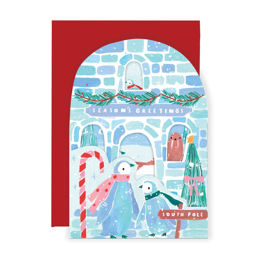 Nutmeg Open Christmas Igloo And Penguins Card