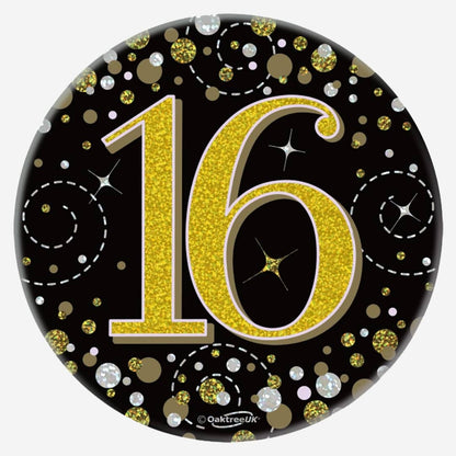 Birthday Ages Sparkling Fizz Holographic Party Badge - Black Gold