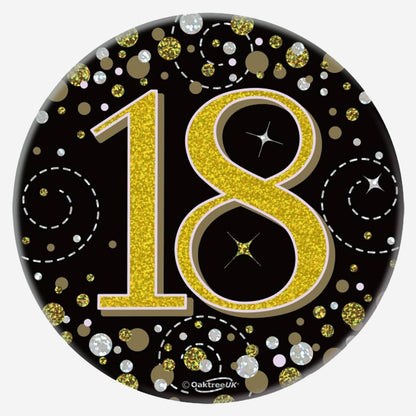 Birthday Ages Sparkling Fizz Holographic Party Badge - Black Gold