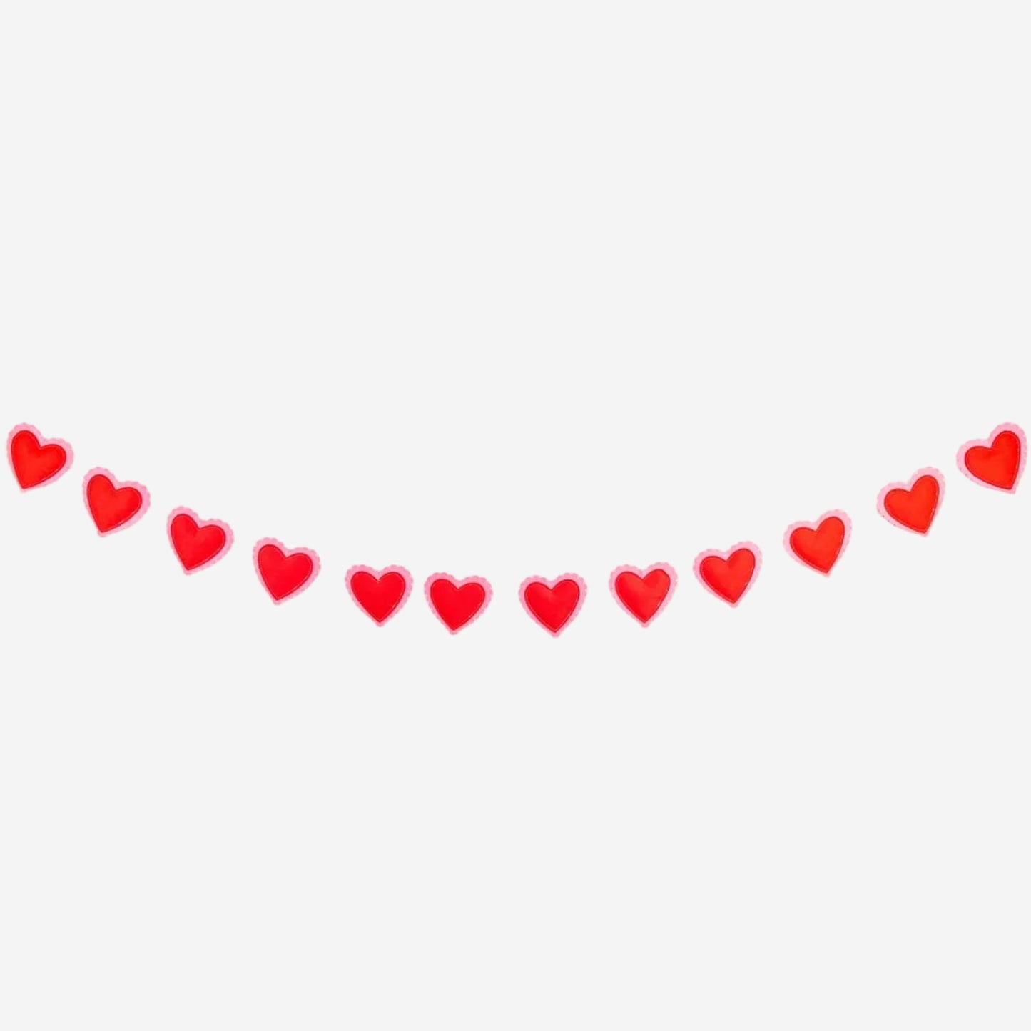 String of red hearts on a white background