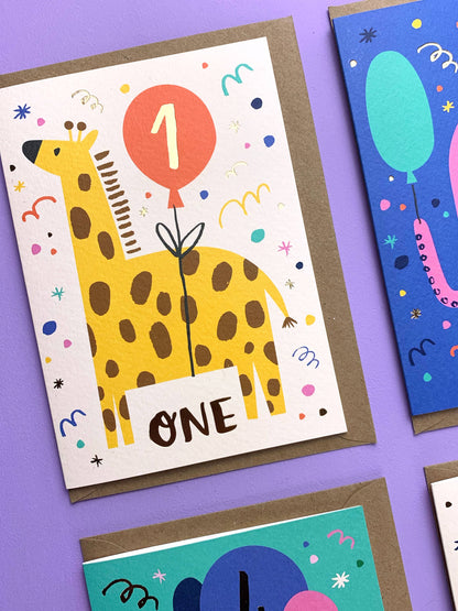 Age 1 Birthday Card – Giraffe Theme – Number Card for Kids – One Year Old