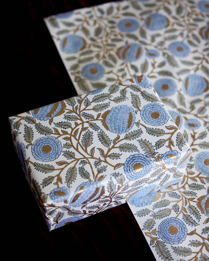 Marigold Glitz Blue Stone Block Printed Wrapping Paper Sheets