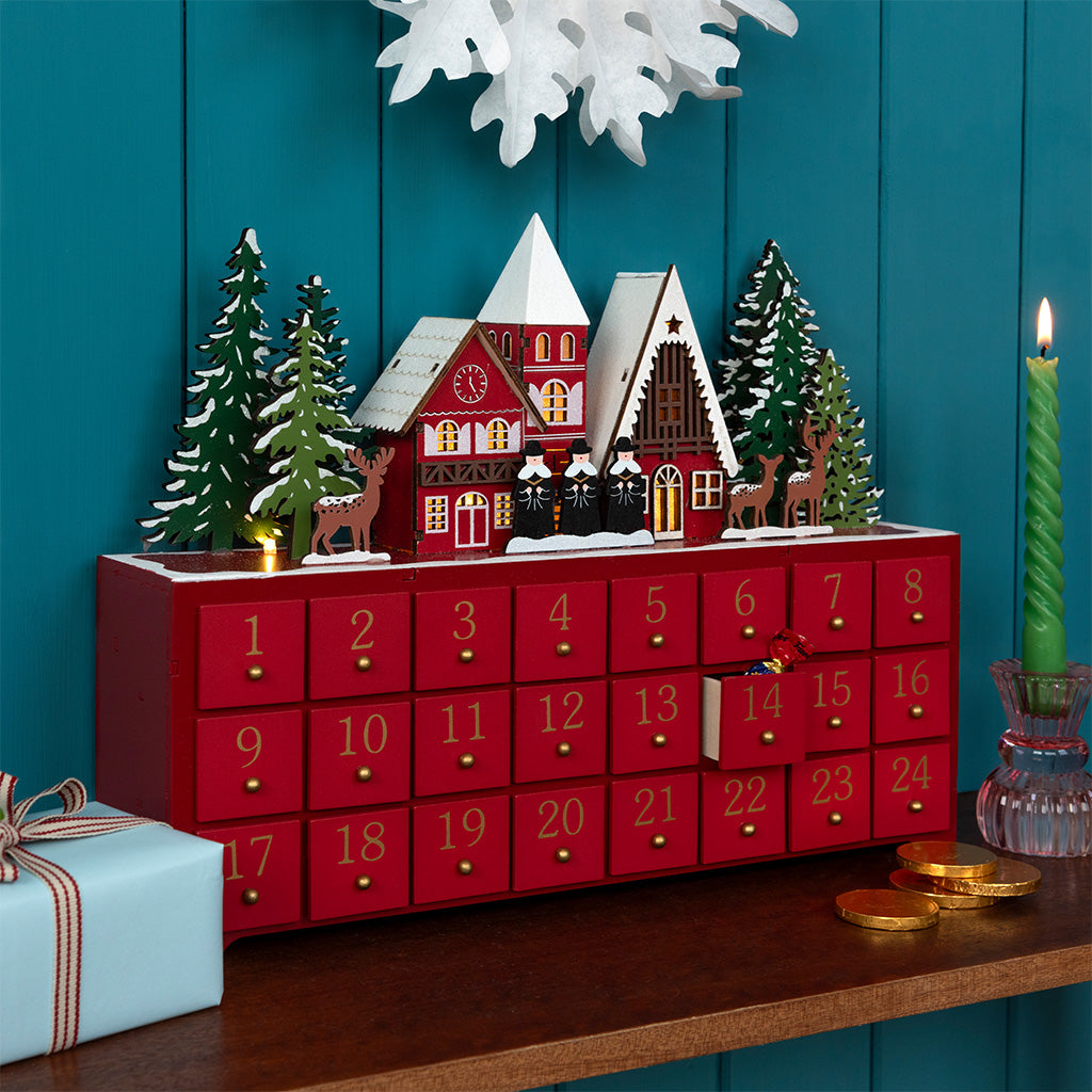 Red Wooden advent calendar with LED lighting - Carol singers