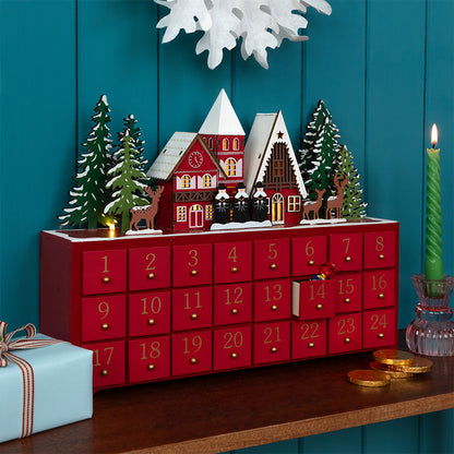 Red Wooden advent calendar with LED lighting - Carol singers