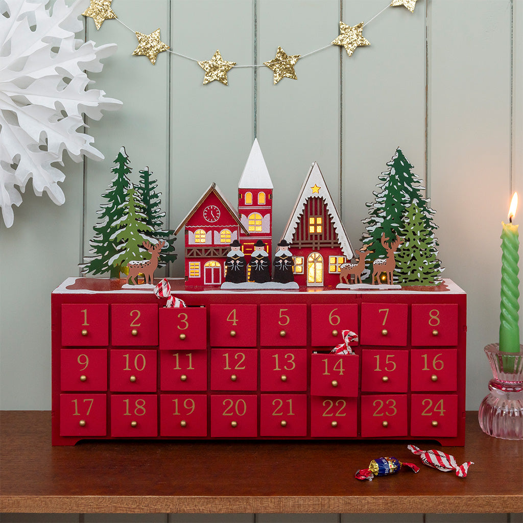 Red Wooden advent calendar with LED lighting - Carol singers