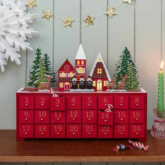 Red Wooden advent calendar with LED lighting - Carol singers