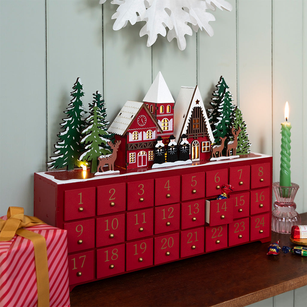 Red Wooden advent calendar with LED lighting - Carol singers