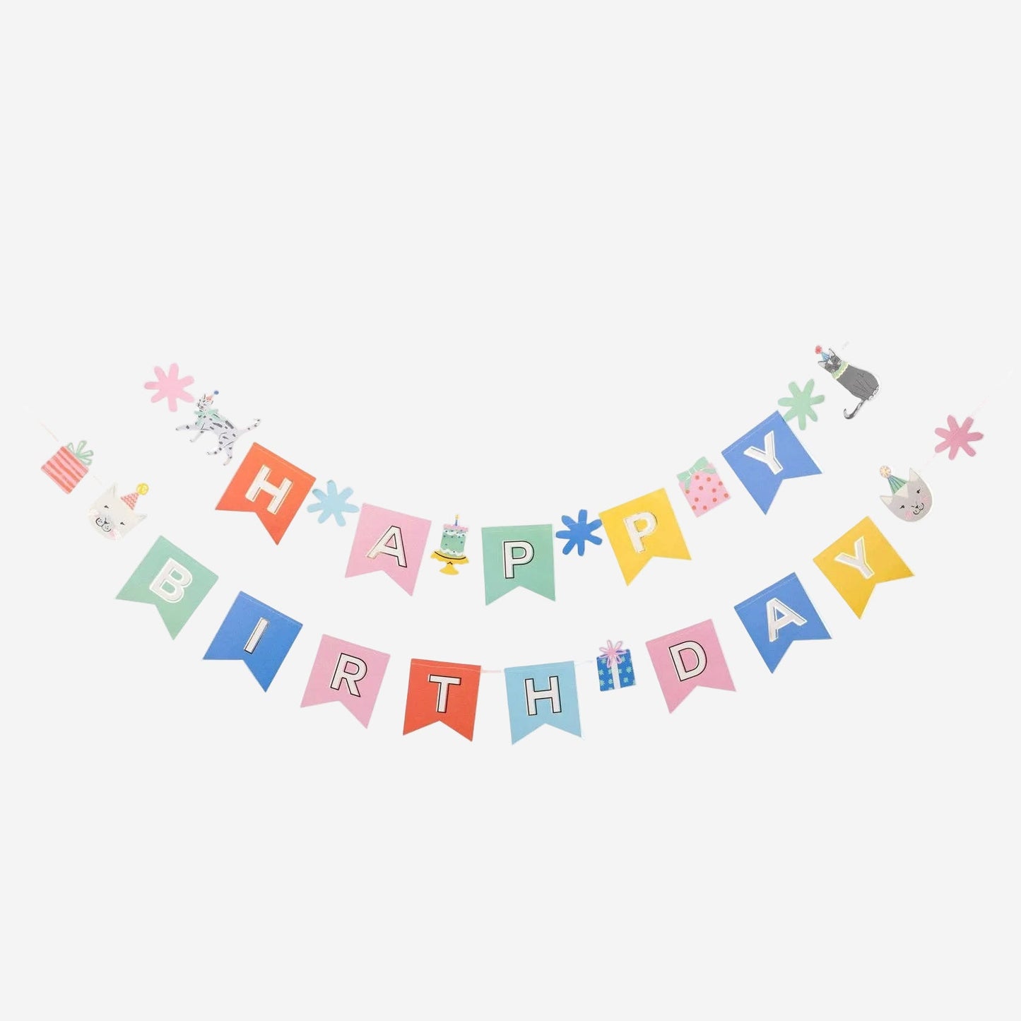 Colorful 'Happy Birthday' banner with decorative elements on a white background