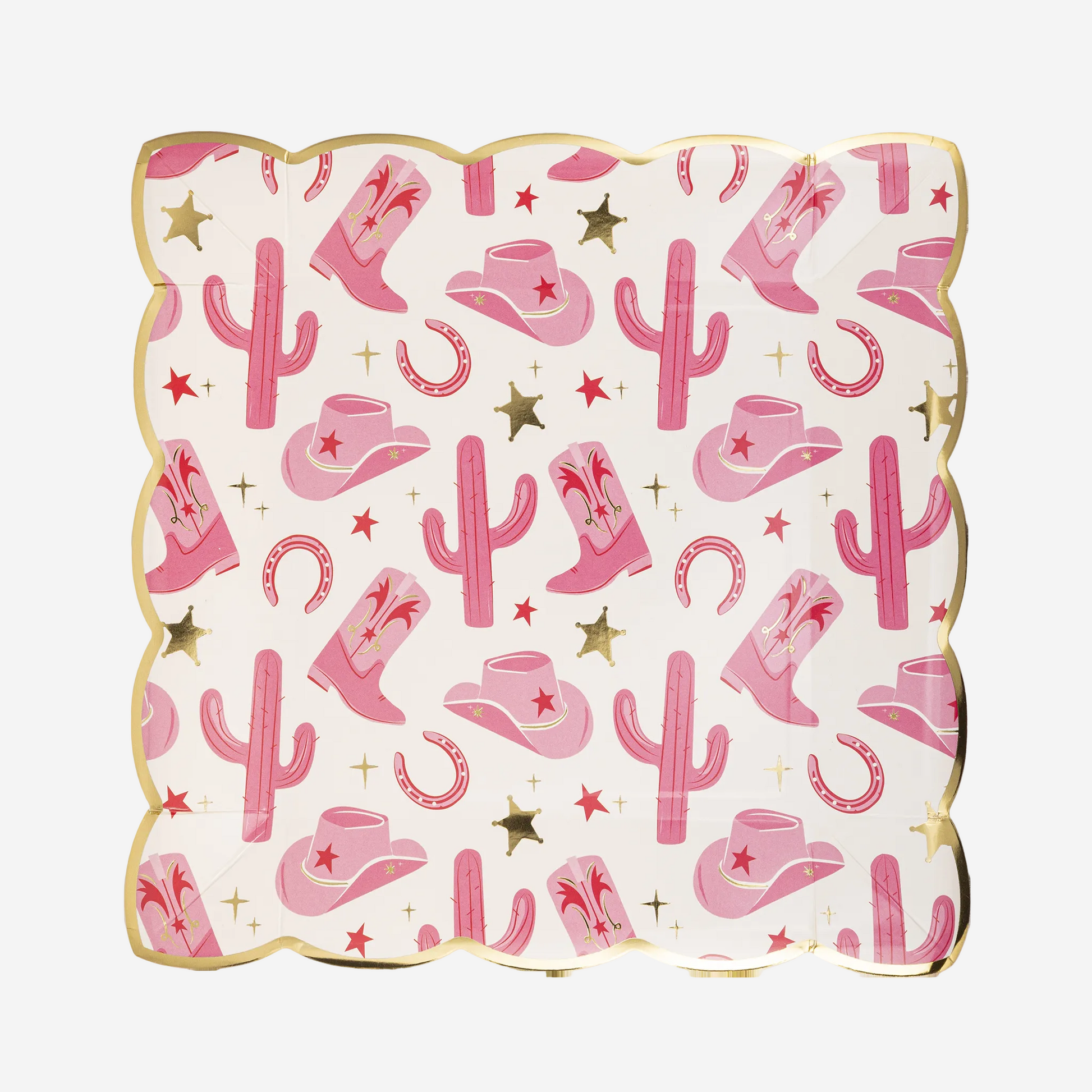 Decorative paper plate with pink cowboy hats, boots, and cacti on a white background