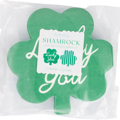 Shamrock Shaped Lucky You and Striped Cocktail Napkin Set