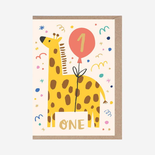 Children's birthday card with a giraffe holding a pink balloon and the word 'ONE'.