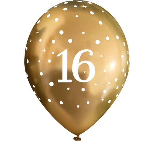 Pack of 6 Sparkling Gold 16th Happy Birthday Latex Balloons