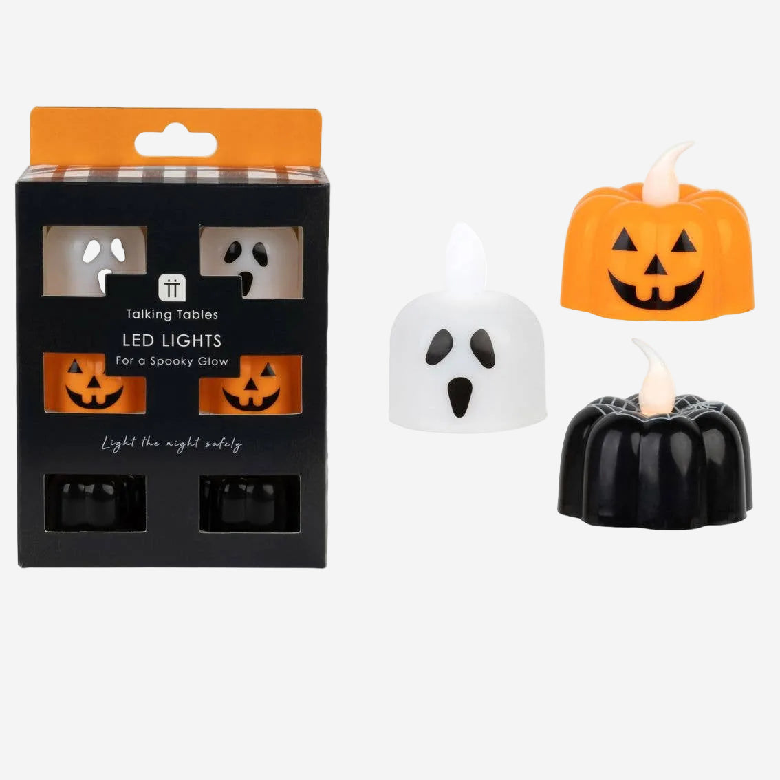 Halloween-themed LED lights with packaging on a white background