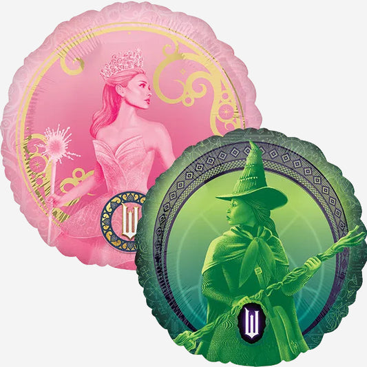 Two balloons featuring a pink and green design with characters and symbols.