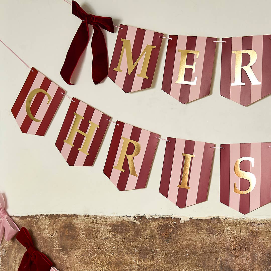 Stripey 'Merry Christmas' Card Banner With Velvet Bows x2 2m