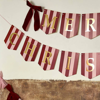 Stripey 'Merry Christmas' Card Banner With Velvet Bows x2 2m