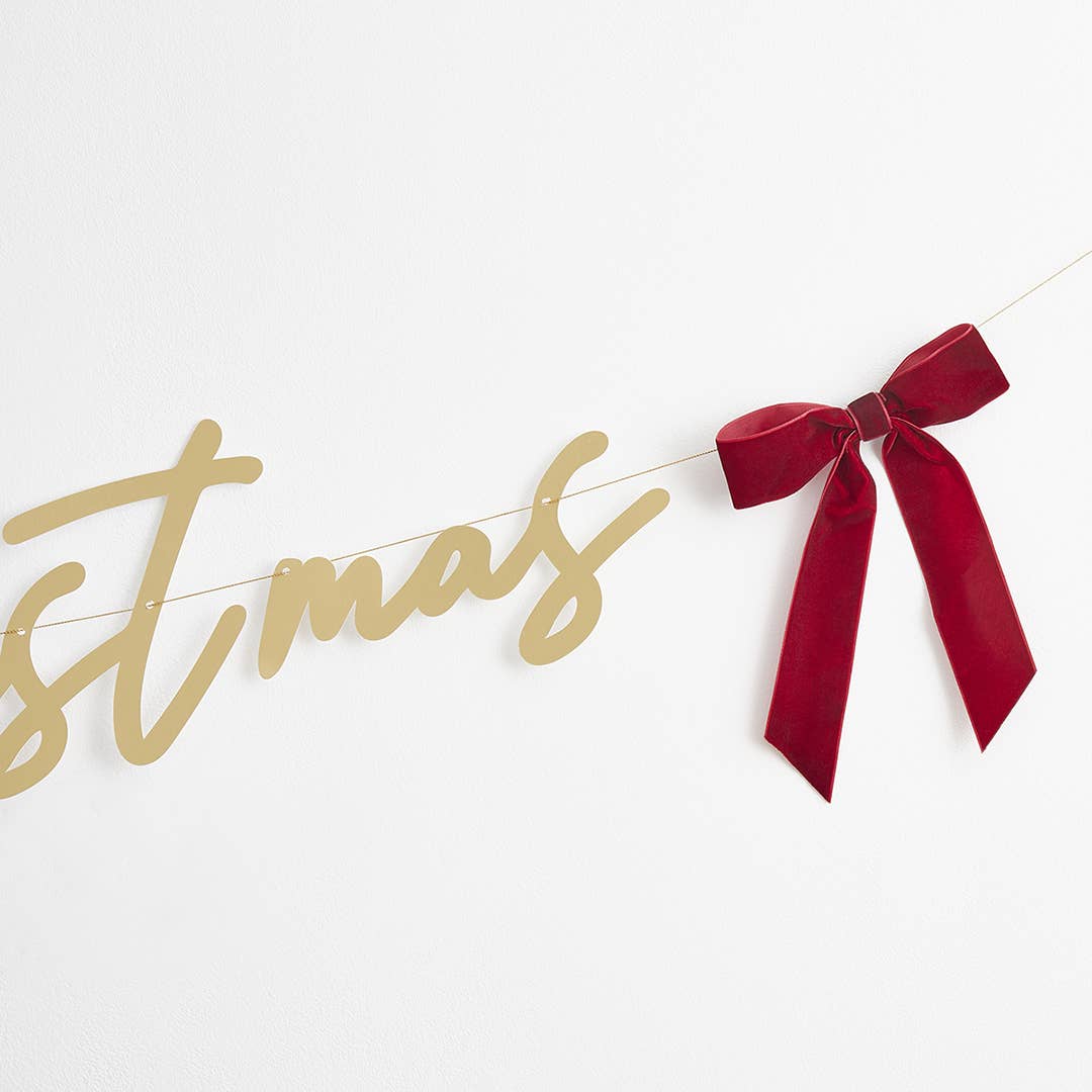 Gold 'Merry Christmas' Card Banner with Velvet Bows 2m