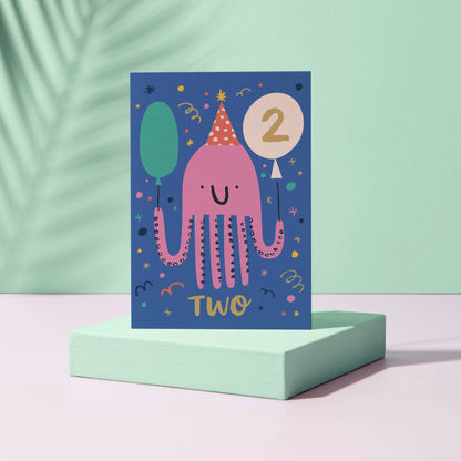 Age 2 Birthday Card – Octopus Theme – Number Card for Kids – Two Years Old